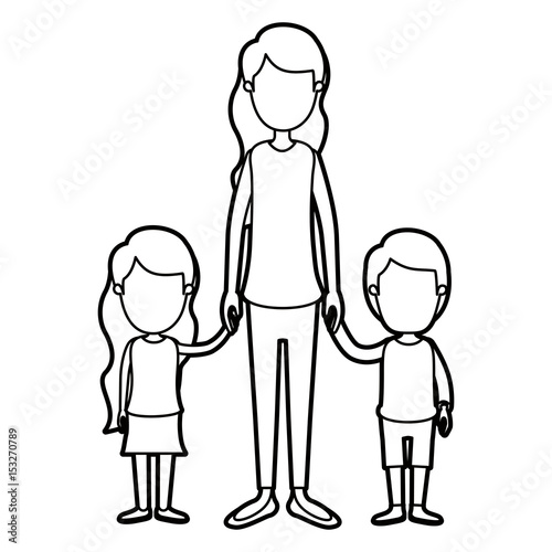 black thick contour caricature faceless full body mother taken hand with girl and boy vector illustration