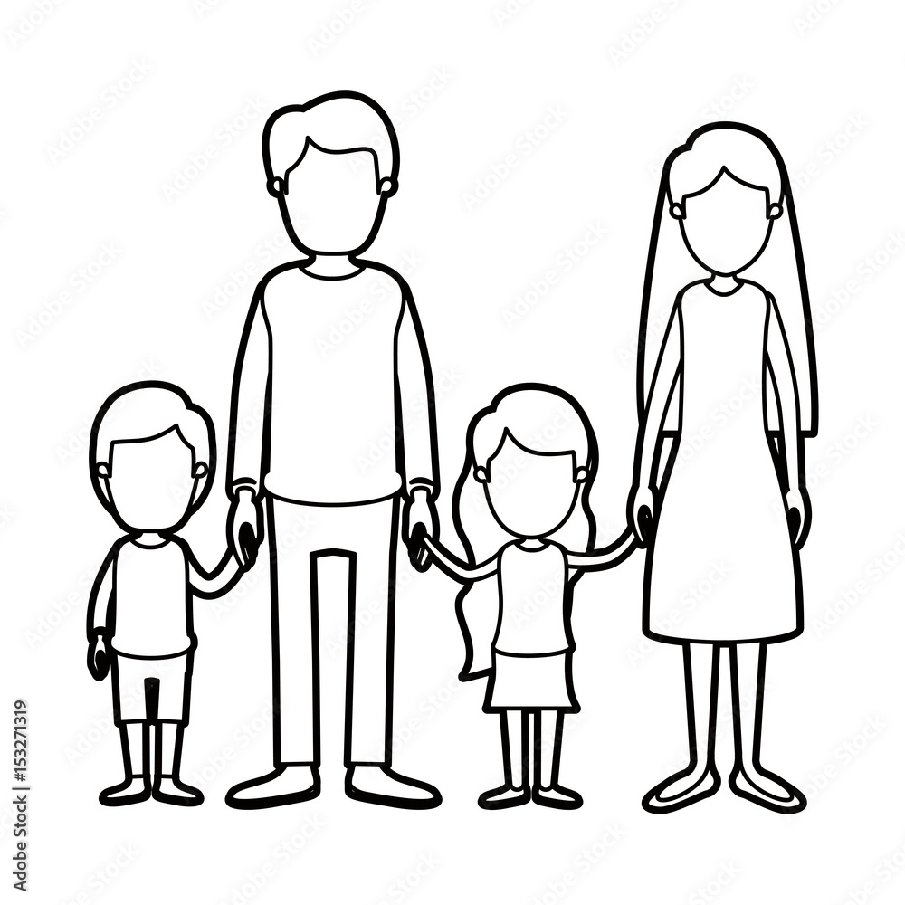 black thick contour caricature faceless family with parents and little kids taken hands vector illustration black thick contour caricature faceless family with parents and little kids taken hands vector illustration