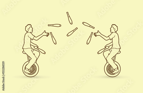 Men juggling pins while cycling together outline stroke graphic vector.