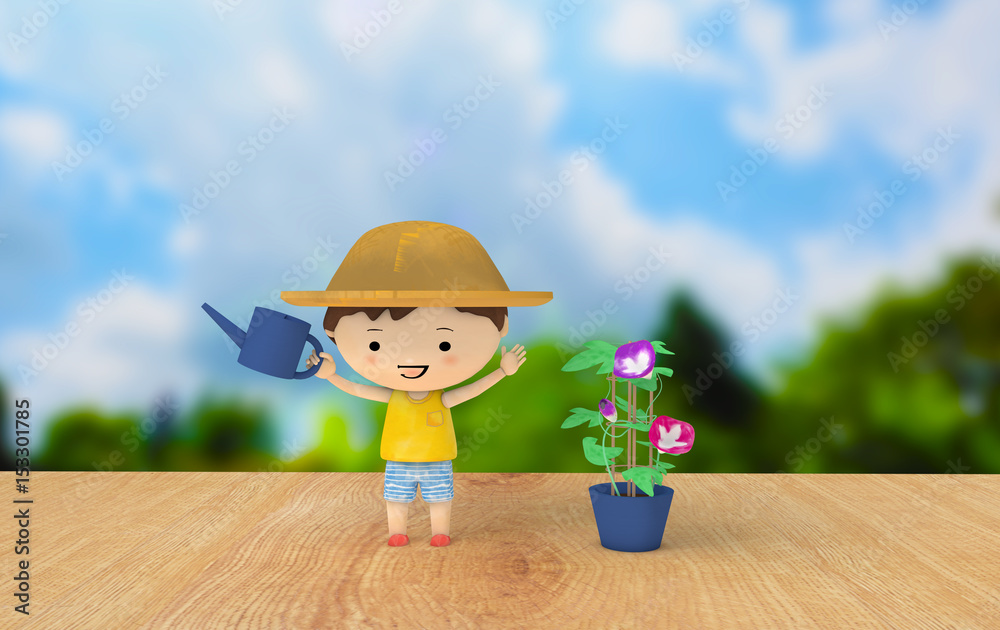森と青空背景の夏休みの麦わら帽子のこどもとアサガオ Stock イラスト Adobe Stock