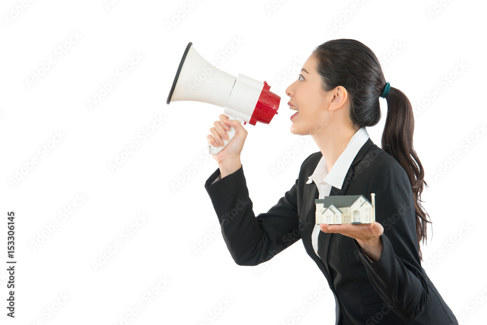 house company agent holding big megaphone house company agent holding big megaphone