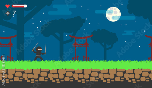 Flat game about the ninja for android. Online flash game. Japanese background for level.
