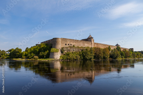 Ivangorod medieval fortress on the river Narva, Estonia and Russia border. Summer day view.