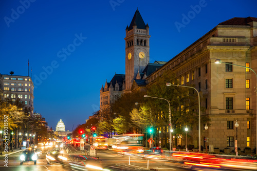 Pennsylvania Avenue, Old post building and Capitol at night, Washington DC, USA photo