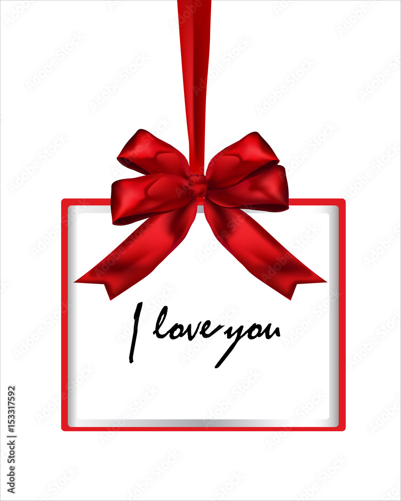 I love you, Red vector gift box frame with bow and ribbon on white background I love you, Red vector gift box frame with bow and ribbon on white background