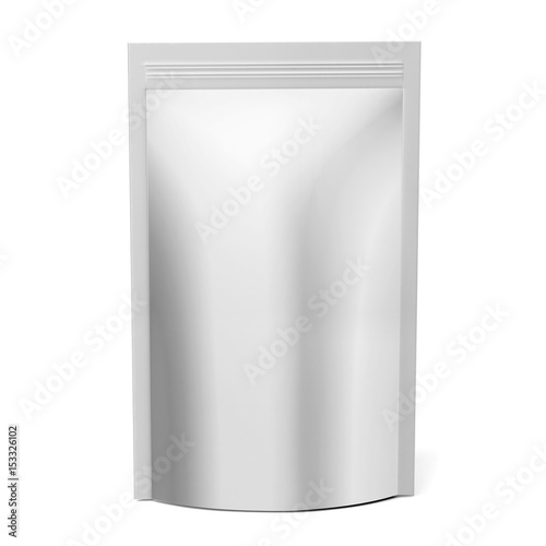 Φωτογραφία Blank white realistic plastic foil food pouch isolated on white background with reflection and place for your design and branding