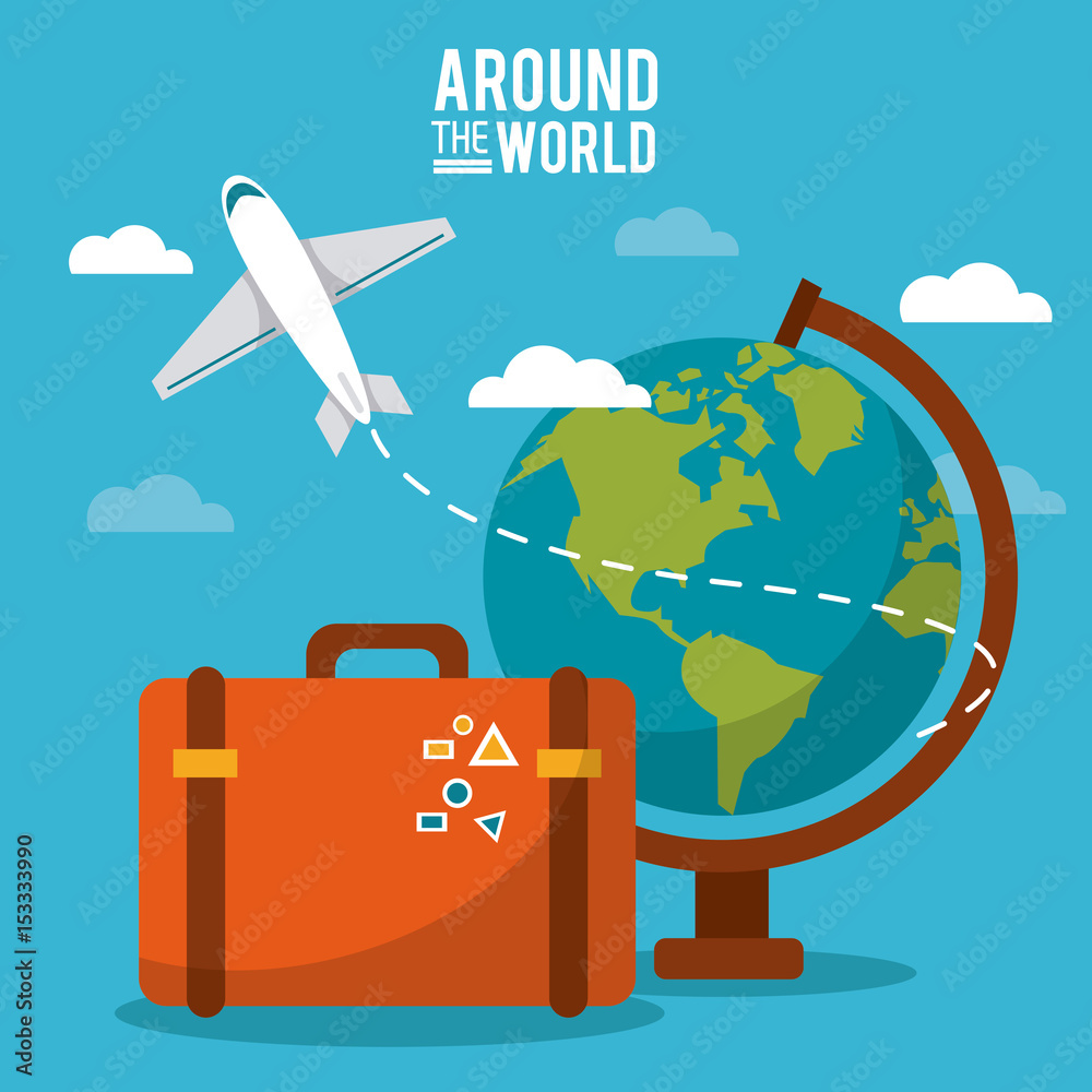 around the world. globe world plane suitcase sky vector illustration
