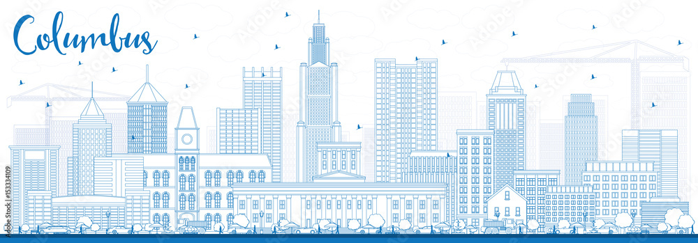 Outline Columbus Skyline with Blue Buildings.
