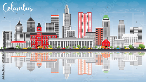 Columbus Skyline with Gray Buildings, Blue Sky and Reflections.