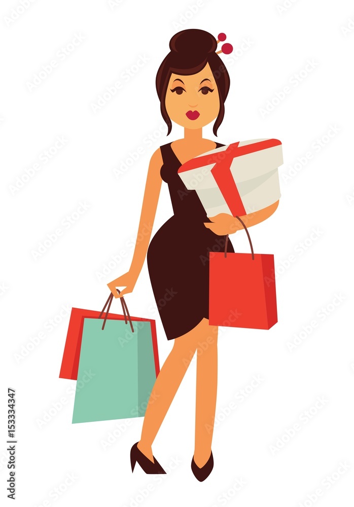 Woman dressed in Chinese style with bags and box Woman dressed in Chinese style with bags and box