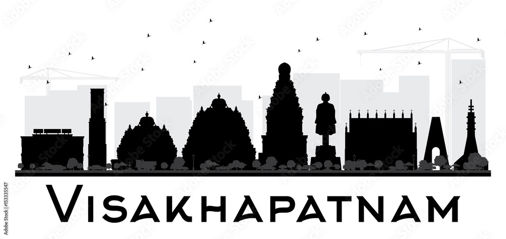 Visakhapatnam City skyline black and white silhouette.