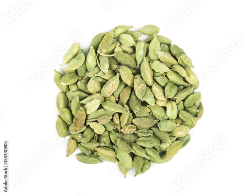 Cardamom seeds isolated on white background. Top view.