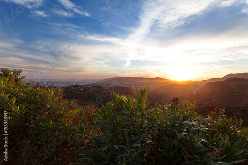 Los Angeles, view from Griffith Park at the Hollywood hills at sunset, southern California, United States of America