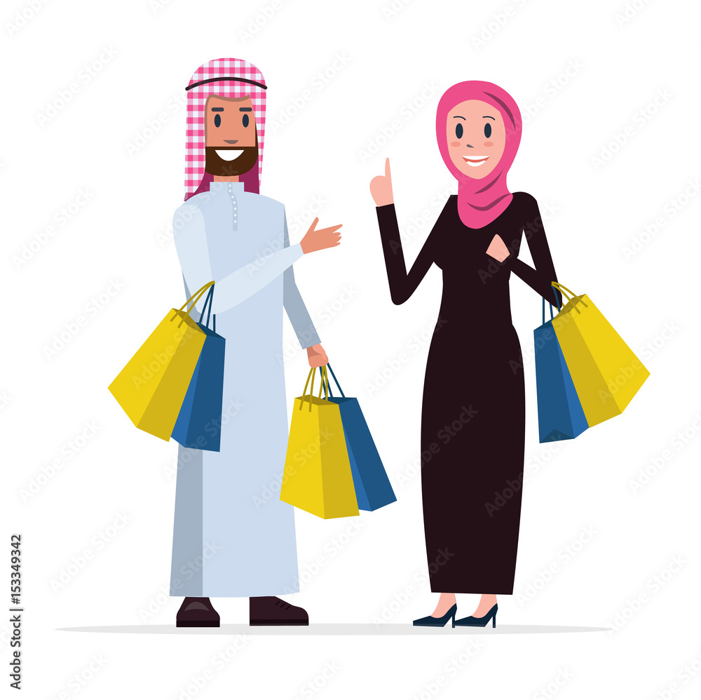 Two Arab people coming out of shopping with bags. flat character design. vector illustration Two Arab people coming out of shopping with bags. flat character design. vector illustration