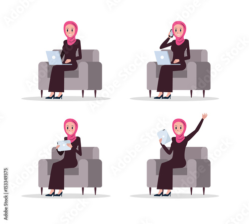 Set of Arab business woman using smart device on sofa. flat character design. vector illustration