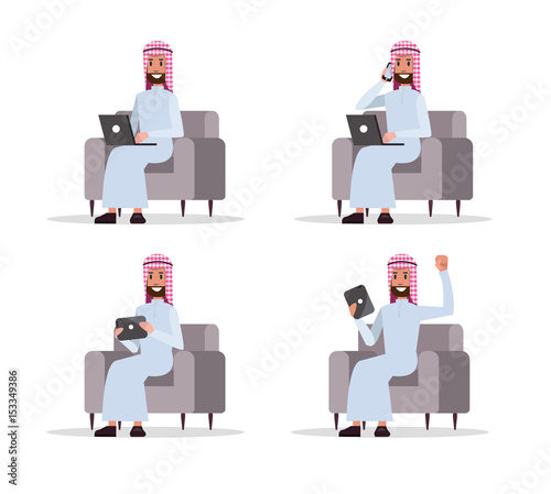Set of Arab business man using device on sofa. flat character design. vector illustration