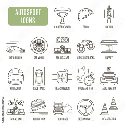 Autosport icons. Set of vector pictogram