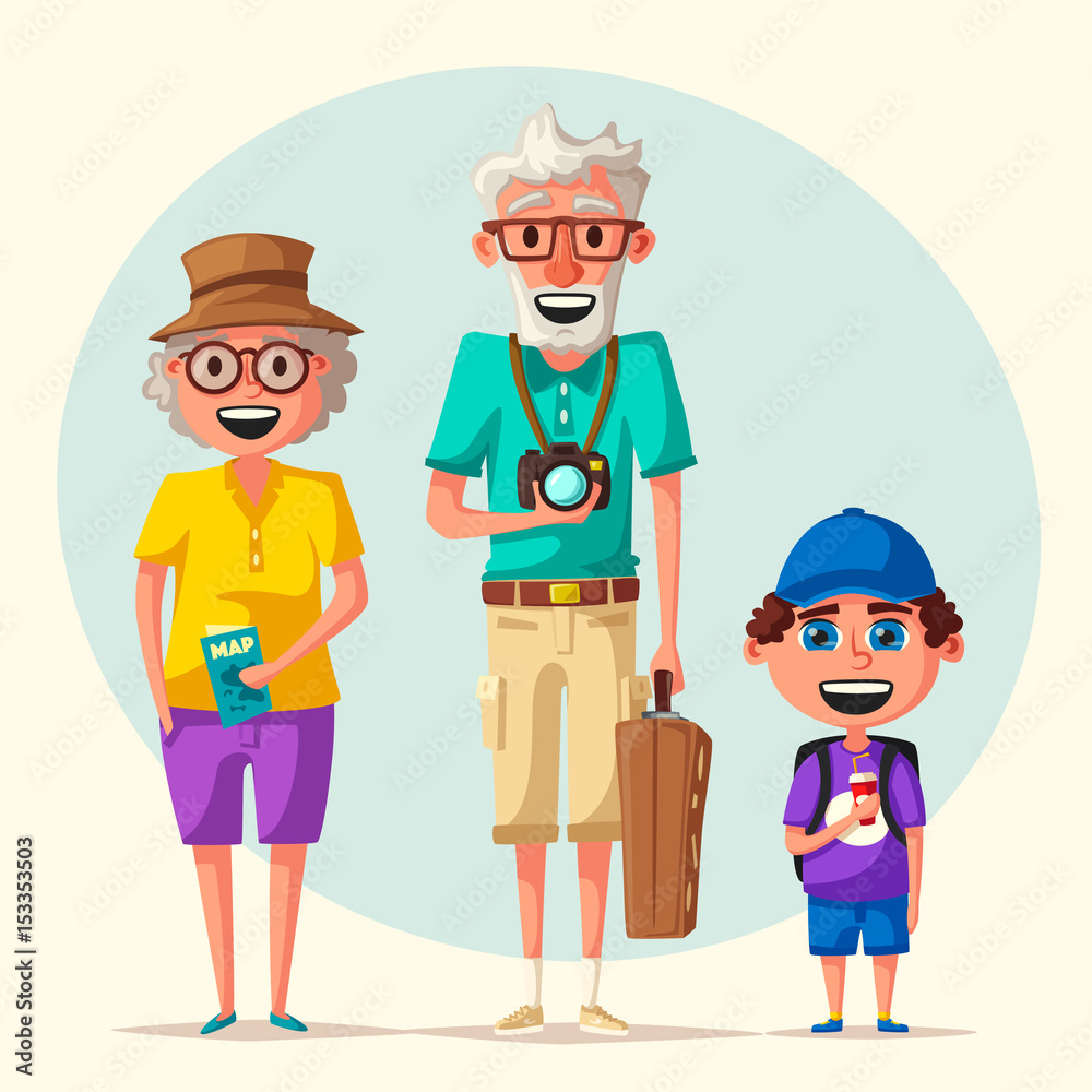 Old couple and grandchild in travel. Journey of grandparents. Cartoon vector illustration Old couple and grandchild in travel. Journey of grandparents. Cartoon vector illustration