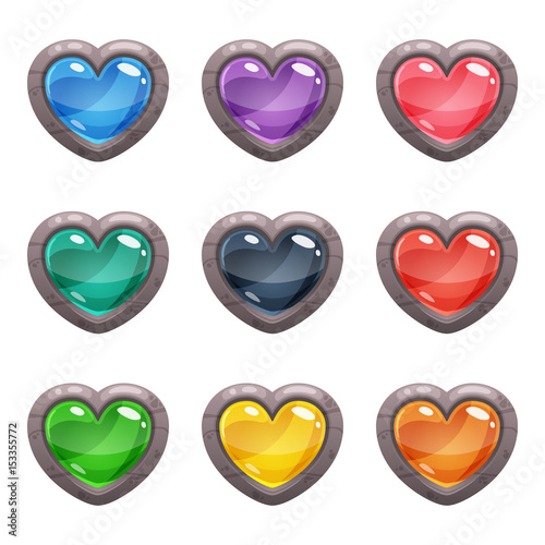 Cartoon vector heart shaped rocky buttons set with colorful middles in a stone frame, isolated on white background.
