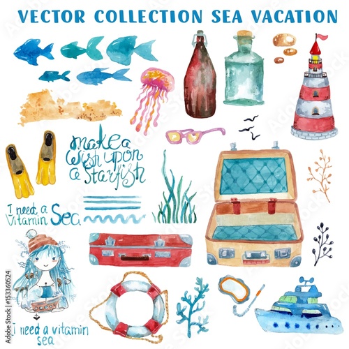 Watercolor nautical elements collection