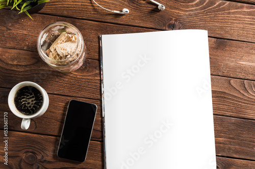 Billede på lærred Blank book or magazine cover on wood background