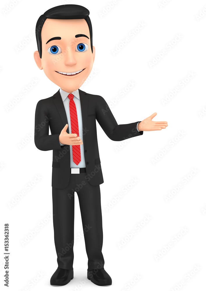 Successful businessman character shows with both hands in an empty space. 3d render illustration. Successful businessman character shows with both hands in an empty space. 3d render illustration.