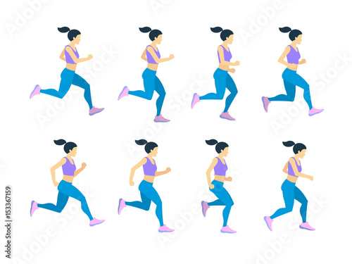 Running girl young female athlete in tracksuit. Vector set of animation frames