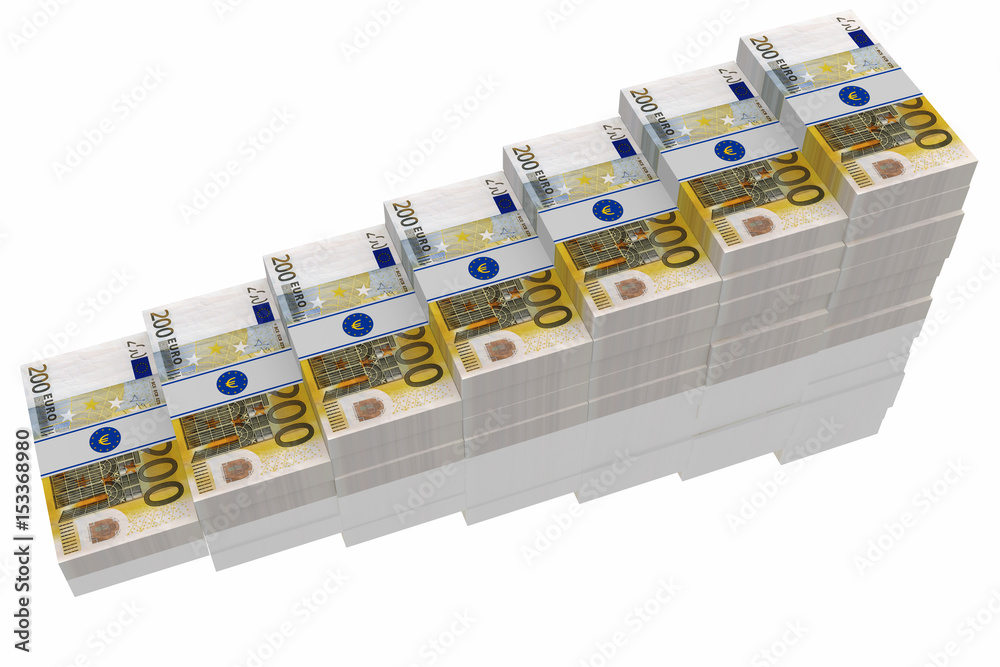 Duecento euro. Pile crescenti di banconote su sfondo bianco.. Duecento euro. Pile crescenti di banconote su sfondo bianco..