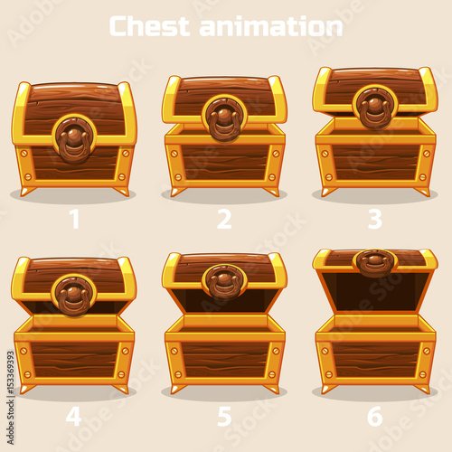 Animation antique old box, step by step open and closed wooden Treasure chest