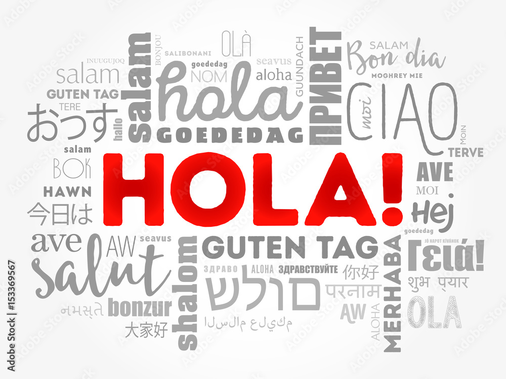 Hola! (Hello Greeting in Spanish) word cloud in different languages of the world, background concept