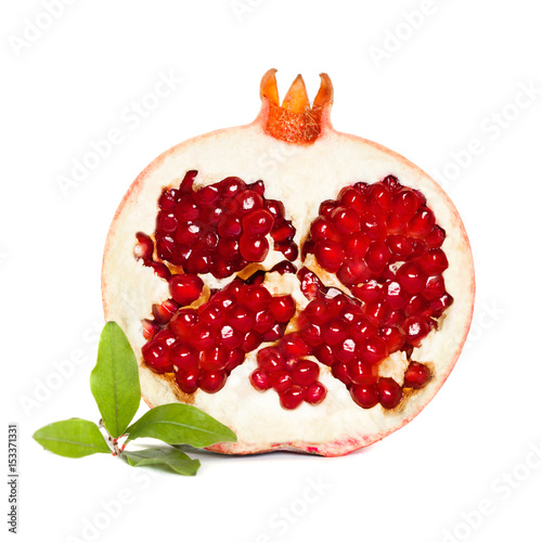 Pomegranate Fruit with Green Leaves on White Background