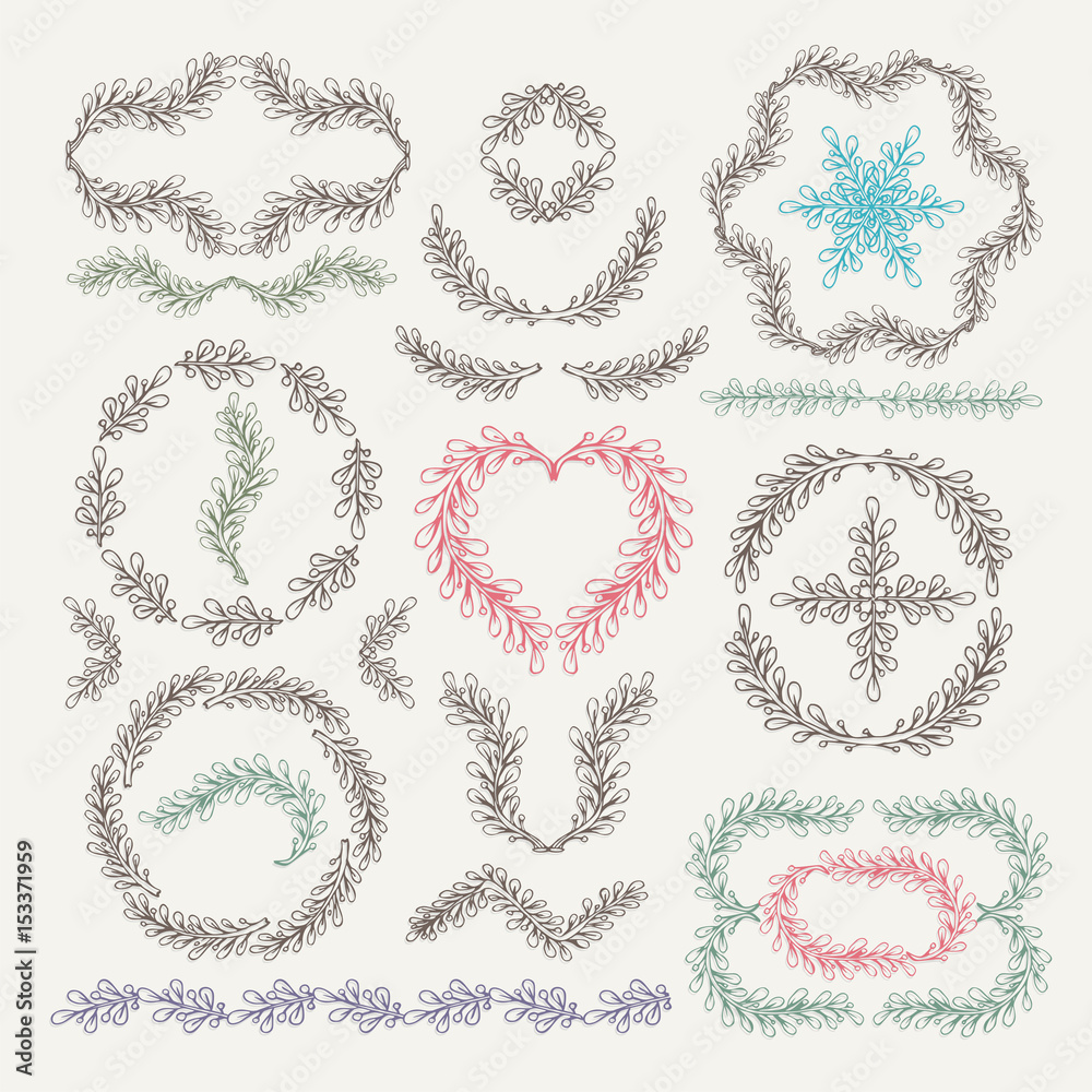 Set of hand drawn vector flowers and branches with leaves Set of hand drawn vector flowers and branches with leaves
