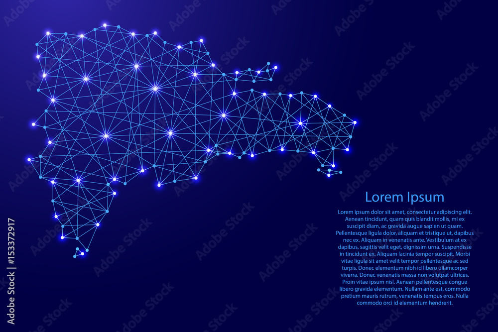 Map of Dominican Republic from polygonal blue lines and glowing stars vector illustration