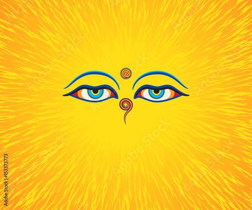 Graphic illustration of Buddha's eyes.