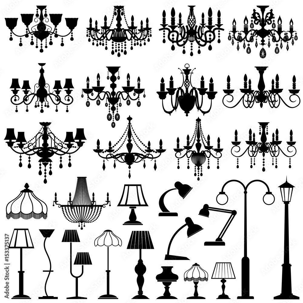 Fototapeta premium Home and outdoor lightning, lamps and chandeliers vector set