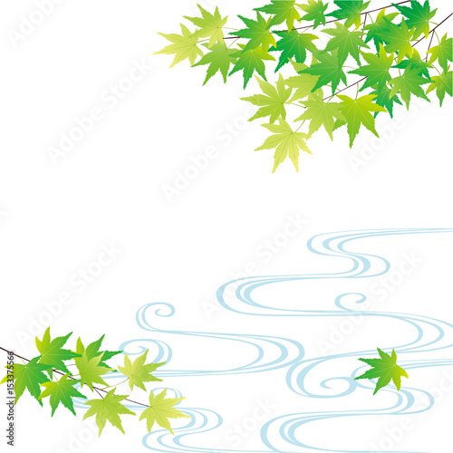 青もみじと流水　背景イラスト