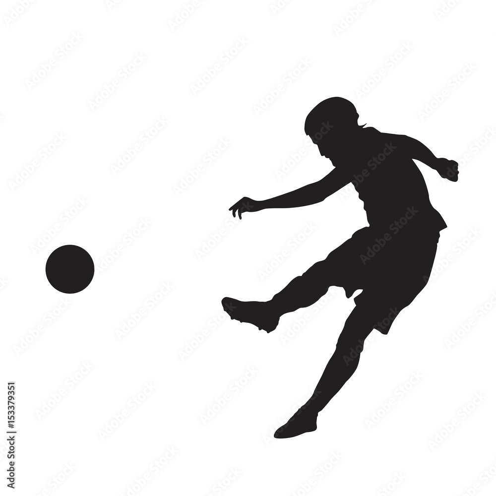 Soccer player kicking ball, vector silhouette