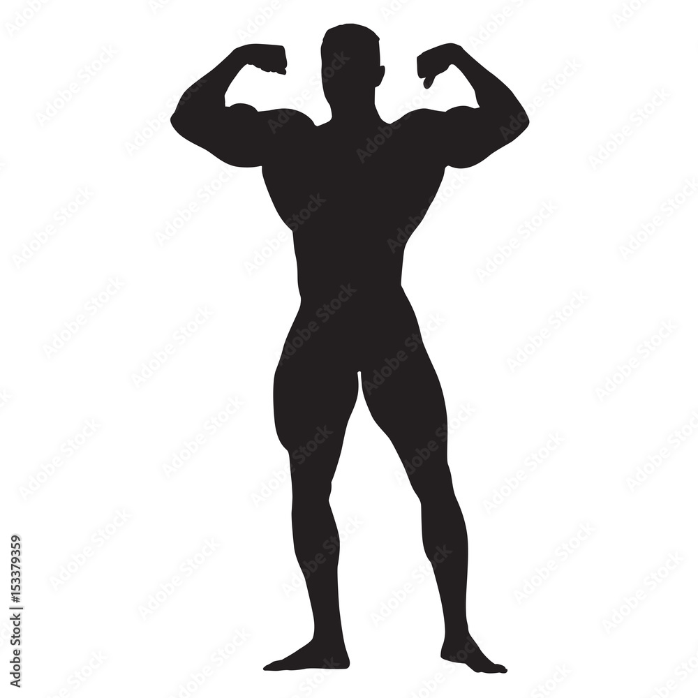 Posing bodybuilder front view, standing man with big muscles, isolated vector silhouette Posing bodybuilder front view, standing man with big muscles, isolated vector silhouette
