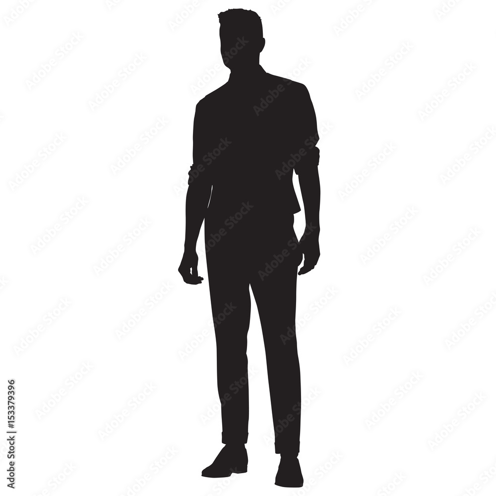 Young man in shirt, vest and pants standing, vector silhouette