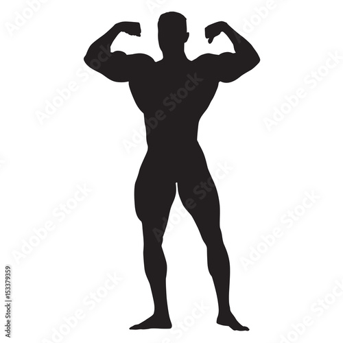 Posing bodybuilder front view, standing man with big muscles, isolated vector silhouette