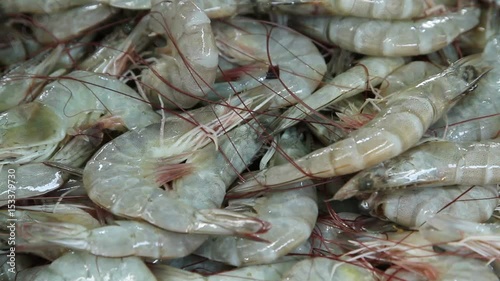 Fresh raw green prawns on ice are sold in the local market close up
