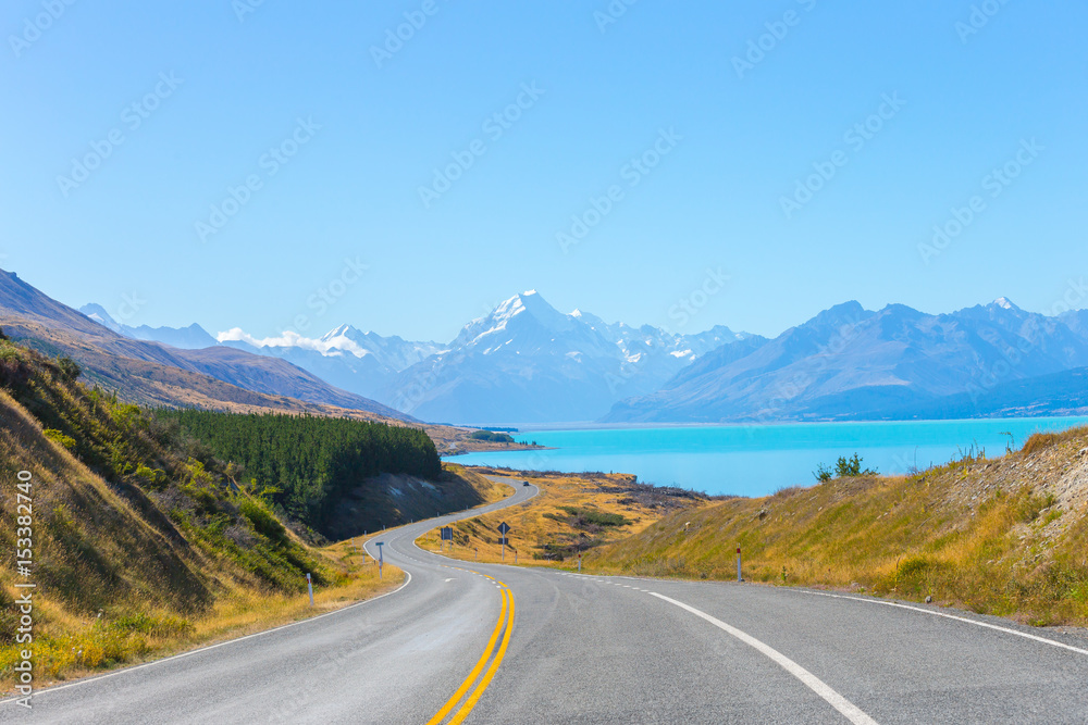 Mount cook viewpoint with the lake pukaki and the road leading to mount cook village in New Zealand.