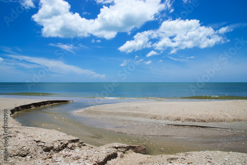 Blue sky and small channel on the beach.  Un-focus image. 