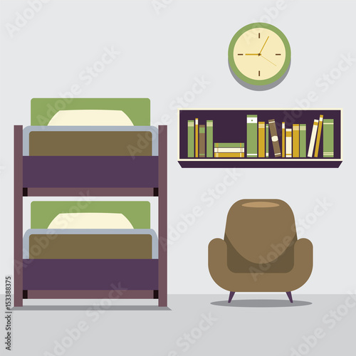 Empty Bunk Bed With Armchair And Bookcase Vector Illustration