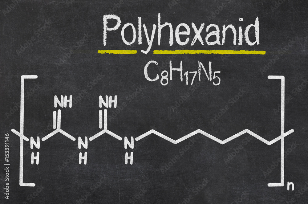 Schiefertafel mit der chemischen Formel von Polyhexanid Schiefertafel mit der chemischen Formel von Polyhexanid