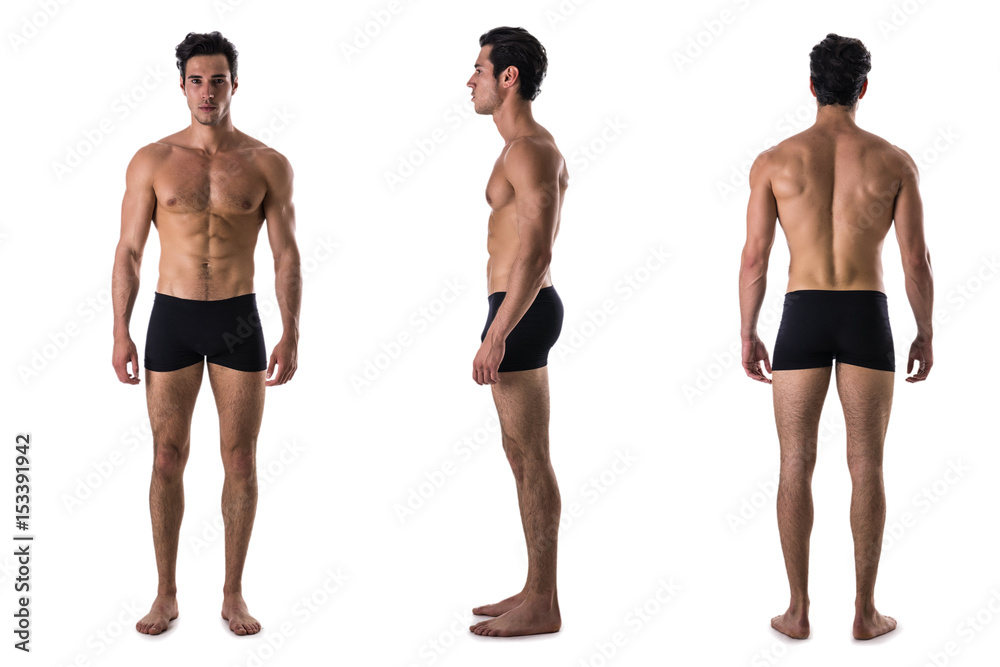 Triple view of shirtless bodybuilder: back, front, side Stock Photo