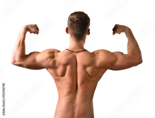 Young bodybuilder on white background .