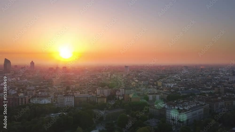milan skyline aerial view at sunrise panning milan skyline aerial view at sunrise panning