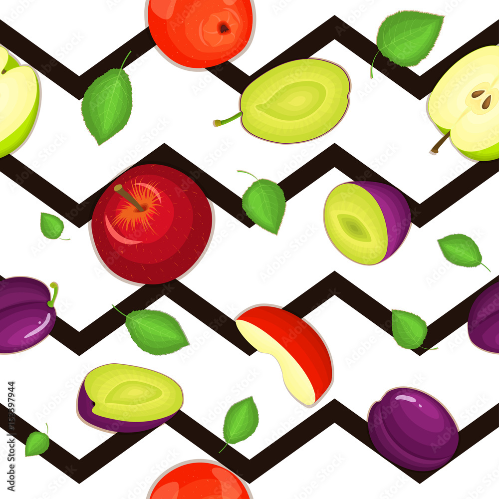 Seamless vector pattern of ripe plum, apple fruit. Striped zig zag
