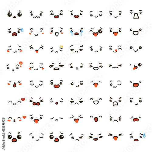 Set of cute lovely kawaii emoticon.